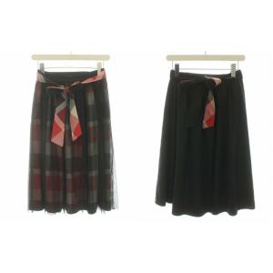 20SS スカート ひざ丈 フレア リバーシブル チュール チェック柄 リボンベルト 38 ブラック