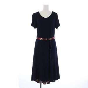 半袖 ロングワンピース 裏地チェック 38 M 紺 ネイビー