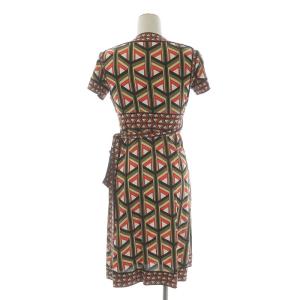 DIANE von FURSTENBERG ラップワンピース ひざ丈 半袖 総柄 絹 シルク 2 XS 赤 レッド 黒 ブラック カーキ ベージュ