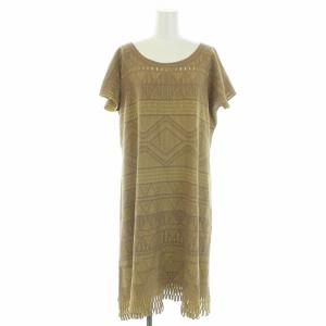 A-POC INSIDE ワンピース ひざ丈 半袖 ニット 総柄 フリンジ 2 M 茶 ブラウン 黄色 イエロー