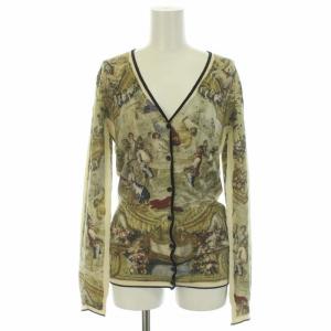 カーディガン ニット 長袖 総柄 絵画柄 ウール S ベージュ 黄緑 イエローグリーン