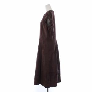 Leilian レース切替 ロングワンピース 半袖 13 XL 茶 ブラウン