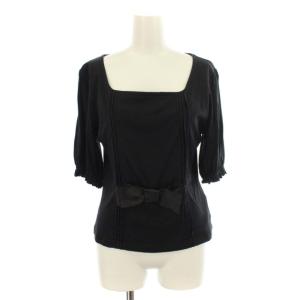 カットソー スクエアネック リボン 五分袖 プリーツ 40 M-L 黒 ブラック