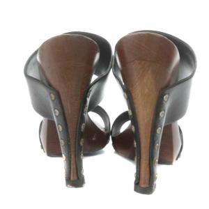 CHANEL サンダル レザー スクエアトゥ コーンヒール ハイヒール 34.5 21.5cm 黒 ブラック