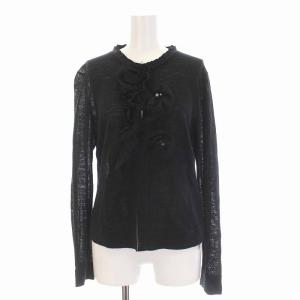 COLLECTION カーディガン ニット 花モチーフ フリル リネン混 長袖 40 L 黒 ブラック