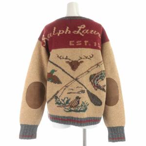 RALPH LAUREN COUNTRY ニットジャケット ノーカラージャケット ウール エルボーパッチ ロゴ M ブラウン