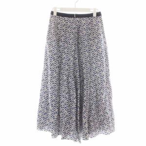 Drawer フレアスカート プリーツ ロング リネン 総柄 36 ブルー ホワイト