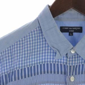 COMME des GARCONS HOMME AD2010 11SS カジュアルシャツ パッチワーク ドッキング チェック 切替 半袖 L ブルー