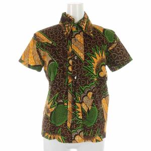 03SS シャツ ブラウス コットン 総柄 ハート 製品洗い加工 ほつれ加工 半袖 S 茶 ブラウン