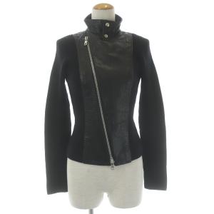 ライダースジャケット ダブル ハイネック リブニット ラムレザー 切替 ウール 38 M 黒 ブラック