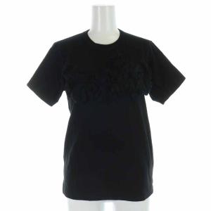コムコム Tシャツ カットソー Uネック コットン フリル 半袖 S 黒 ブラック