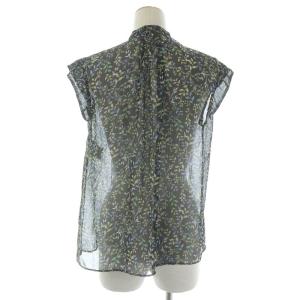 ANAYI 20SS 楊柳リーフプリントスタンドブラウス シャツ ノースリーブ オープンカラー ラメ リボン 38 M 黒 ブラック 緑