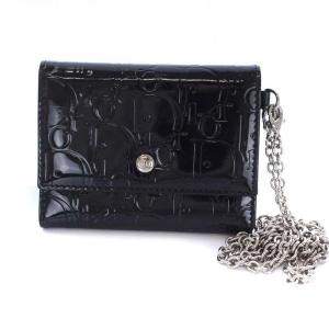 チェーン付き 定期入れ カードケース 三つ折り 型押し エナメル ブラック