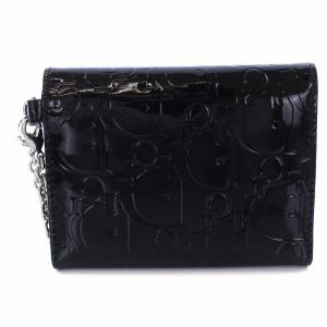 Christian Dior チェーン付き 定期入れ カードケース 三つ折り 型押し エナメル ブラック