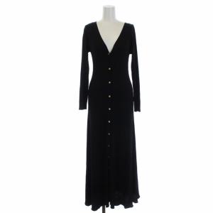 19SS ニットワンピース ロング 長袖 リブ Vネック 前ボタン 36 ブラック