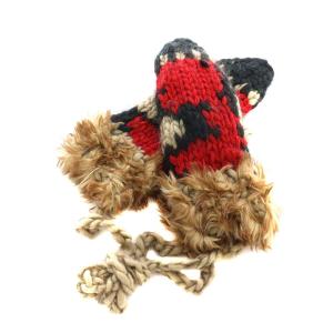 手袋 ニット 柄 ウール ファー ブラウン レッド