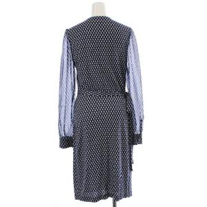 DIANE von FURSTENBERG ラップワンピース 長袖 フレア ひざ丈 リボン 袖シースルー シアー シルク 4 ホワイト ネイビー