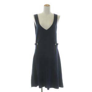 18SS ワンピース ジャンパースカート ひざ丈 Vネック フレア ベルト 38 ネイビー