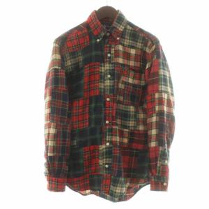 インド製 ボタンダウンシャツ 長袖 パッチワーク チェック S 赤 レッド マルチカラー