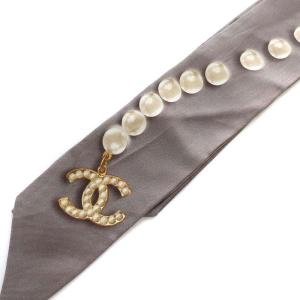 CHANEL ココマーク パールプリント スカーフ シルク グレー