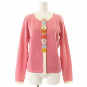20SS レザーフラワーカーディガン ニット 長袖 ウール混 ラインストーン F ピンク