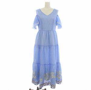 20SS ワンピース フレア ロング マキシ丈 オープンショルダー 半袖 ストライプ 刺繍 1 M 青 ブルー