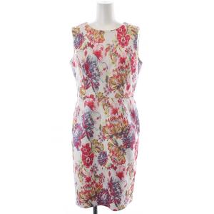 タイトワンピース ひざ丈 ノースリーブ バックジップ ジャガード 花柄 38 M 赤 白 ホワイト レッド