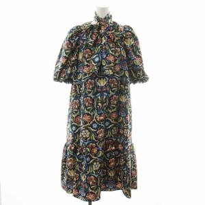 22AW オーナメントプリントワンピース ひざ丈 半袖 リボン 38 M 紺 ネイビー