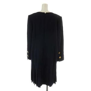 GIVENCHY ヴィンテージ ワンピース ひざ丈 長袖 プリーツ ウール 金ボタン 10 1/2 L 紺 ネイビー