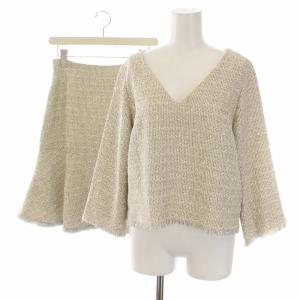 17SS セットアップ 上下 ニット セーター Vネック 長袖 36 S スカート ひざ丈 フレア 38 M フリンジ ツイード
