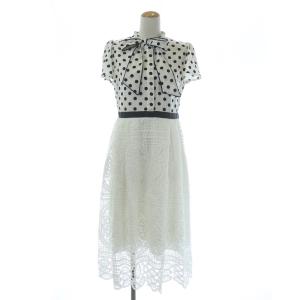 19SS ドットレースワンピース ミモレ ロング ボウタイ 半袖 切替 1 ホワイト ブラック
