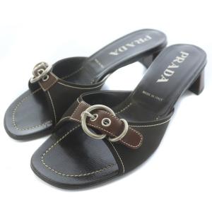 ミュール サンダル ローヒール チャンキーヒール スクエアトゥ ベルト キャンバス レザー 34.5 21.5cm 茶色 ブラウン