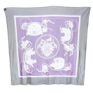 カレ45 エクスリブリス スカーフ チーフ 馬車柄 絹 シルク グレー 紫 パープル アイボリー OH