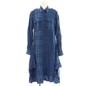 デニムシャツワンピース チェック ロング 麻100% リネン ワンピース 長袖 2 ブルー