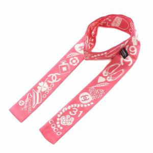 19V スカーフ リボン ココマーク クローバー カメリア 総柄 シルク ピンク ホワイト