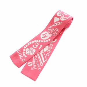 CHANEL 19V スカーフ リボン ココマーク クローバー カメリア 総柄 シルク ピンク ホワイト