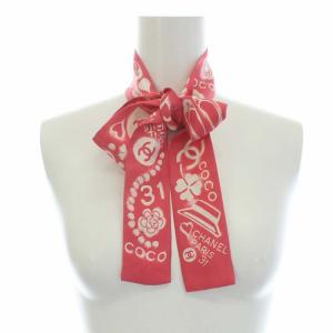 CHANEL 19V スカーフ リボン ココマーク クローバー カメリア 総柄 シルク ピンク ホワイト