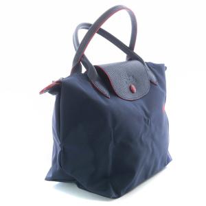 Longchamp ルプリアージュ ハンドバッグ 折りたたみ 刺繍 キャンバス レザー S ネイビー