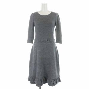 ニットワンピース ミモレ ロング ウール フリル リボン 七分袖 38 M グレー