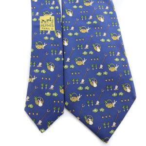 HERMES ネクタイ シルク ウサギ柄 ブルー