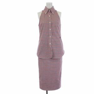 セットアップ 上下 シャツ ブラウス ボタンダウン ノースリーブ タイトスカート ロング チェック 01 S 赤 レッド 紺