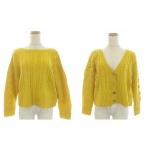 アラン編2wayトップ ニット セーター カーディガン 長袖 ウール混 36 イエロー