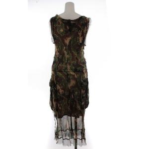 MIHARA YASUHIRO ノースリーブワンピース マキシ ロング 絹 シルク 迷彩 カモフラ 花柄 F カーキ