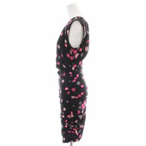 DIANE von FURSTENBERG ワンピース ノースリーブ ひざ丈 ドット ギャザー ジップアップ シルク 柄 2 M 黒 ブラック ピンク