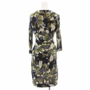 DIANE von FURSTENBERG ワンピース カシュクール 七分袖 ひざ丈 シルク Vネック 総柄 2 S 緑 グリーン 紫 パープル