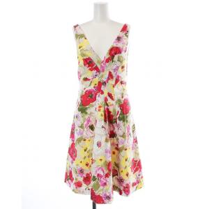 フレアワンピース ノースリーブ バックジップ 花柄 麻 リネン混 0 XS マルチカラー