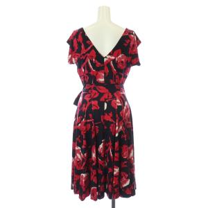 DIANE von FURSTENBERG ワンピース ラップ フレア フレンチスリーブ カシュクール ひざ丈 絹 シルク 半袖 総柄 2 M 黒 ブラック ピンク