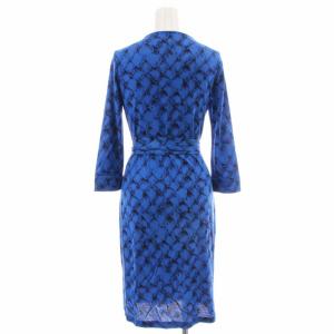 DIANE von FURSTENBERG ラップ ワンピース カシュクール Vネック ひざ丈 七分袖 総柄 2 S 青 ブルー