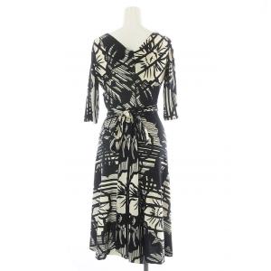 DIANE von FURSTENBERG ラップワンピース フレア ひざ丈 五分袖 リボン 総柄 シルク 0 XS 黒 白 ホワイト ブラック