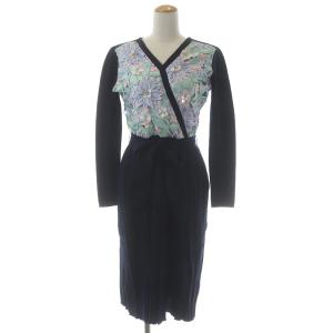 18AW フラワーカシュクールワンピース ひざ丈 ニット 長袖 プリーツ 刺繍 ベルト 1 ネイビー